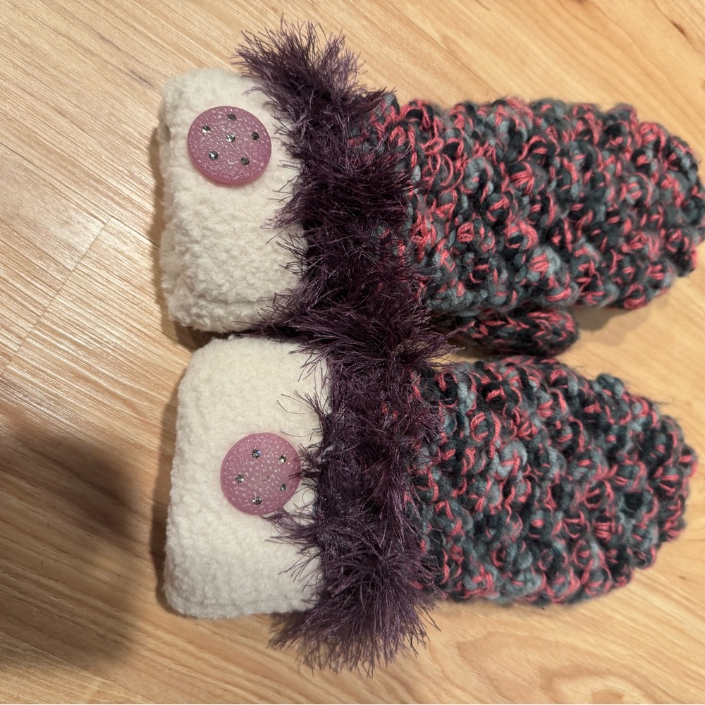 Cozy Knit Women’s Mittens - Purple and Cream